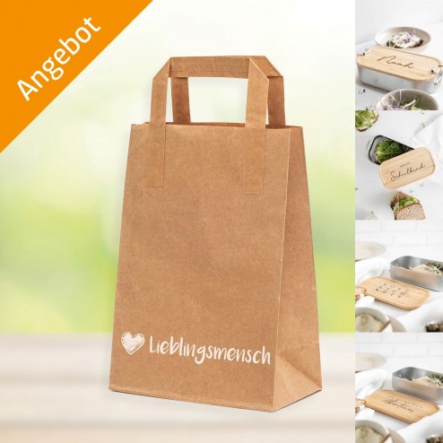 AKTIONSPAKET - Papiertragetasche "Lieblingsmensch" - Größe ca. 18x10x23 cm  + GRATIS LUNCHBOXEN nach Wahl (ab Bestellmenge 4.000 Stück)