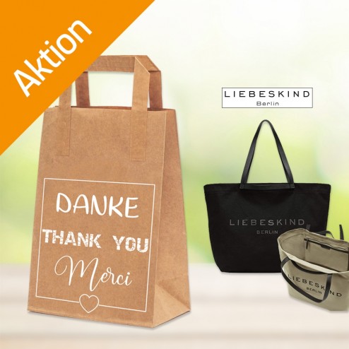 AKTIONSPAKET - Papiertragetasche "DANKE-THANK YOU-MERCI" - Größe ca. 18x8x22 cm  + LIEBESKIND Canvas Shopper (ab Bestellmenge 4.000 Stück)