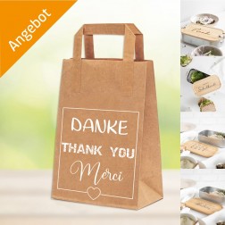 AKTIONSPAKET - Papiertragetasche "DANKE-THANK YOU-MERCI" - Größe ca. 18x8x22 cm  + GRATIS LUNCHBOXEN nach Wahl (ab Bestellmenge 4.000 Stück)