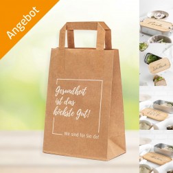 AKTIONSPAKET - Papiertragetasche  "Gesundheit ist das höchste Gut - WIR SIND FÜR SIE DA!" - Größe ca. 18x8x22 cm  + GRATIS LUNCHBOXEN nach Wahl (ab Bestellmenge 4.000 Stück)